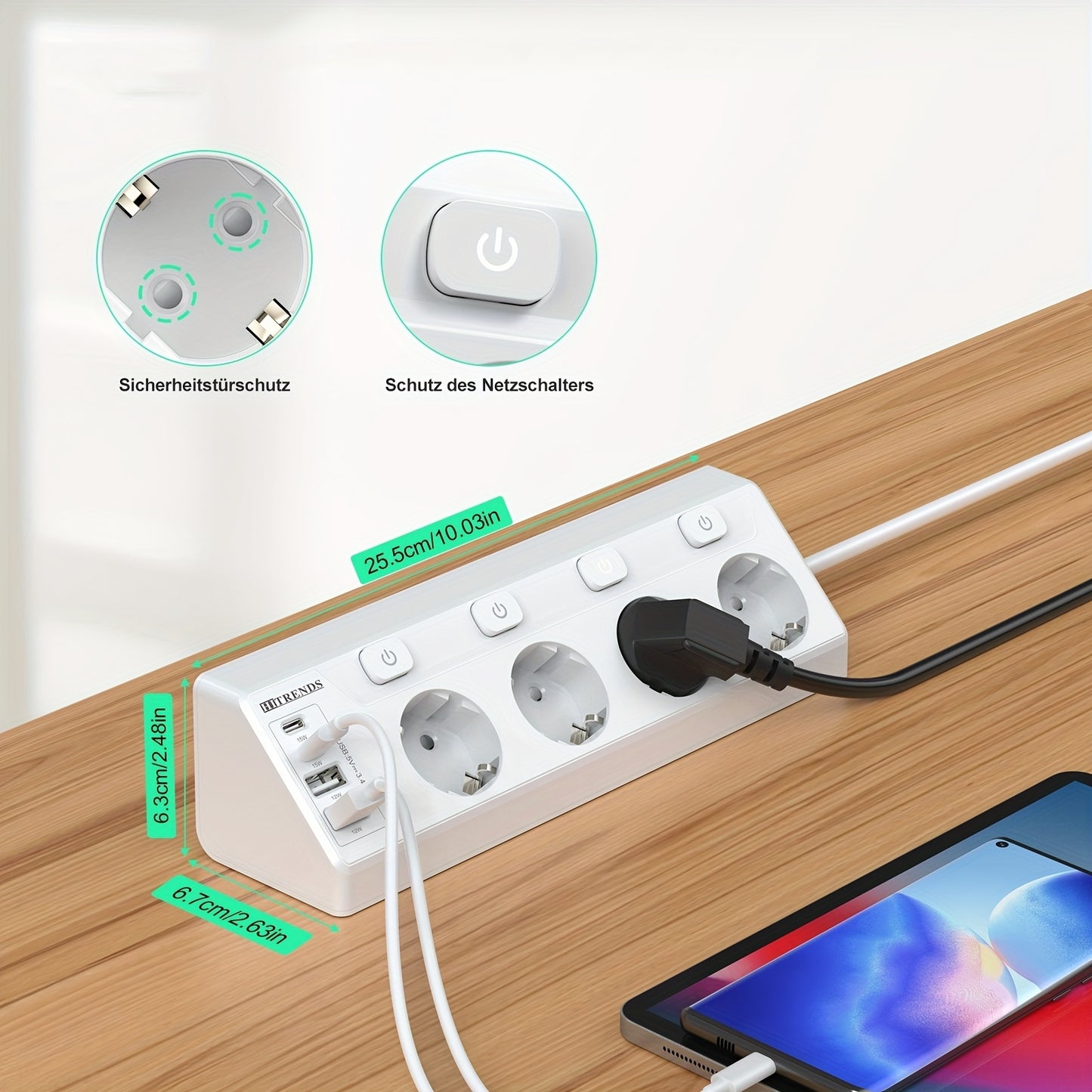 HITRENDS 4-port corner power strip with USB-C and USB-A ports, European standard plug, 220-240V AC, rectangle shape, on/off switch. Ideal for home and office use.