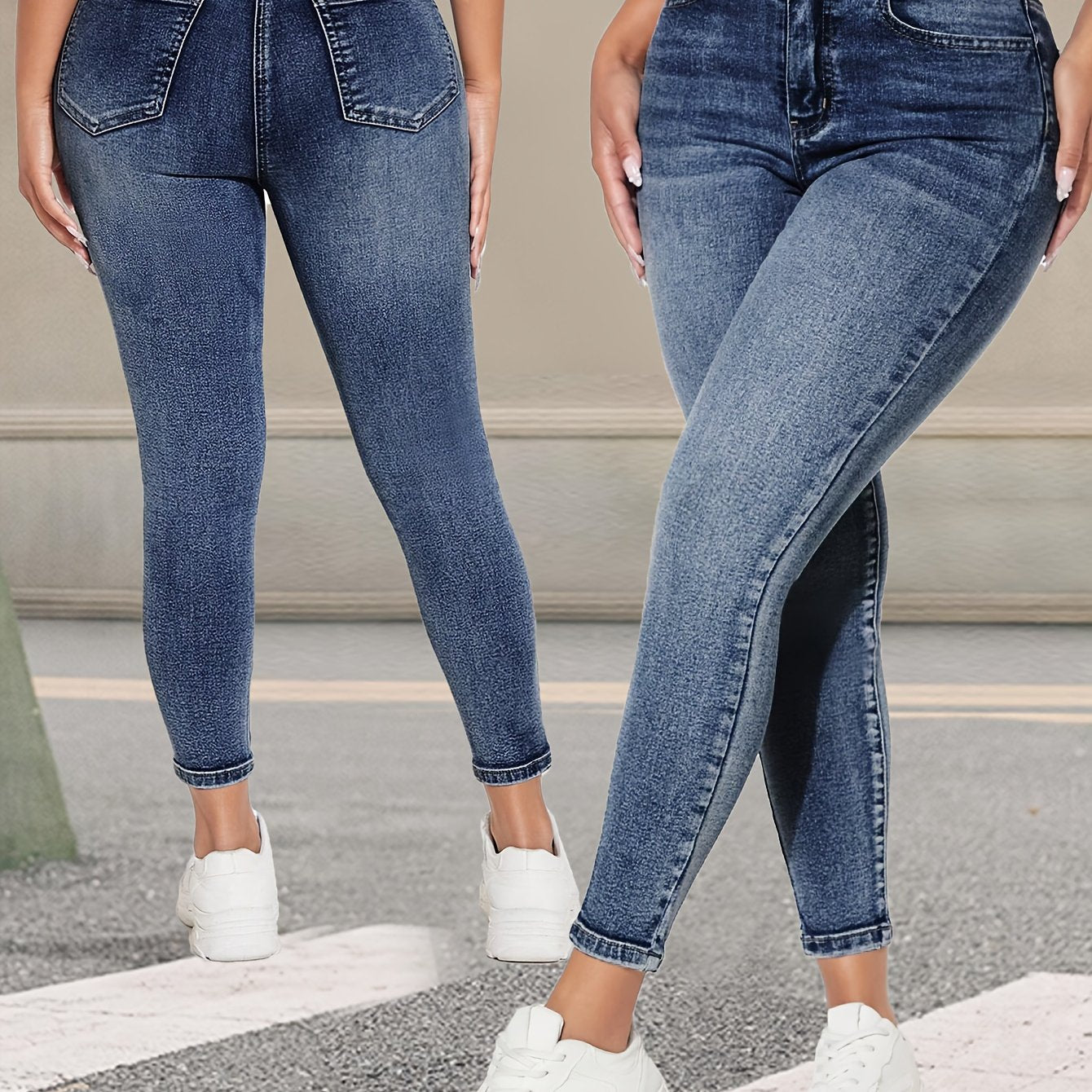 Women's Vintage Blue Stretch Skinny Jeans made with high-quality, durable denim featuring slash pockets. Suitable for all seasons.