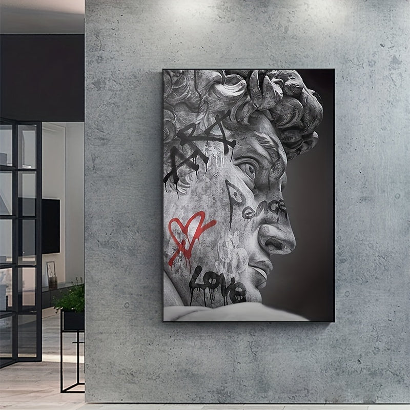 Modern gray wall art print of Michelangelo's David with graffiti and heart accents for living room, bedroom, or office décor.