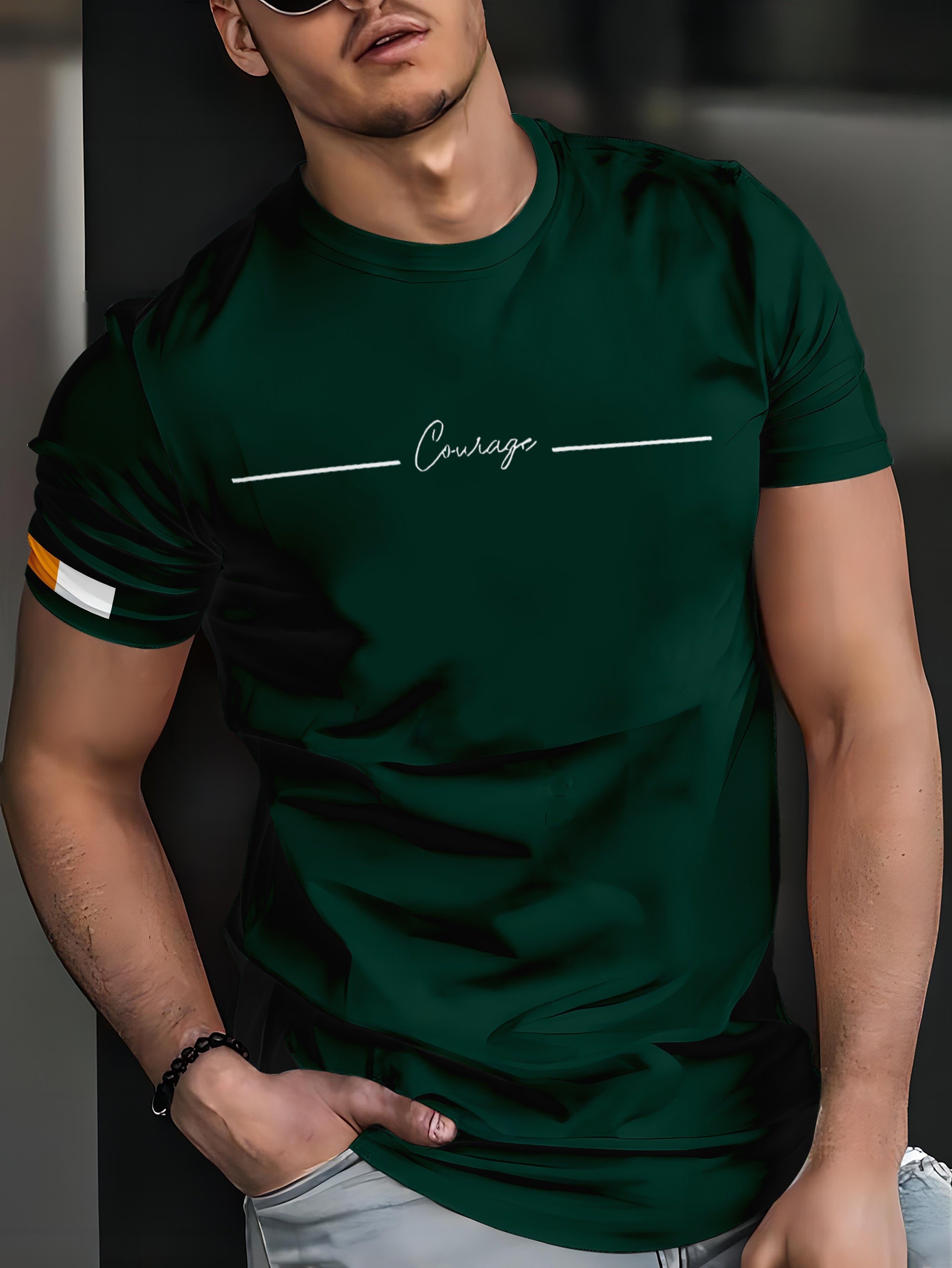 Men's Casual Crew Neck T-Shirt with 3D Digital Letter Print - Green, Breathable Polyester, Summer Short Sleeve Tee for Sports & Streetwear.