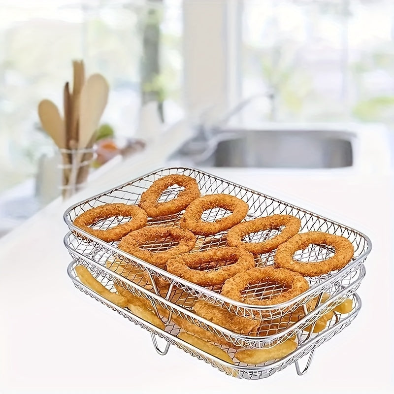 Stainless Steel Air Fryer Accessory Set includes three pieces - Multifunctional Rectangular Rack, Microwave Safe, Stackable, and Non-Stick Coating. Compatible with Most Air Fryers, also includes Air Fryer Liners.