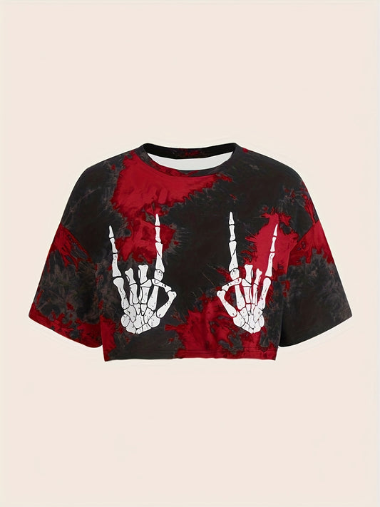 Skull print tie dye crop top for women at a music festival loungewear.