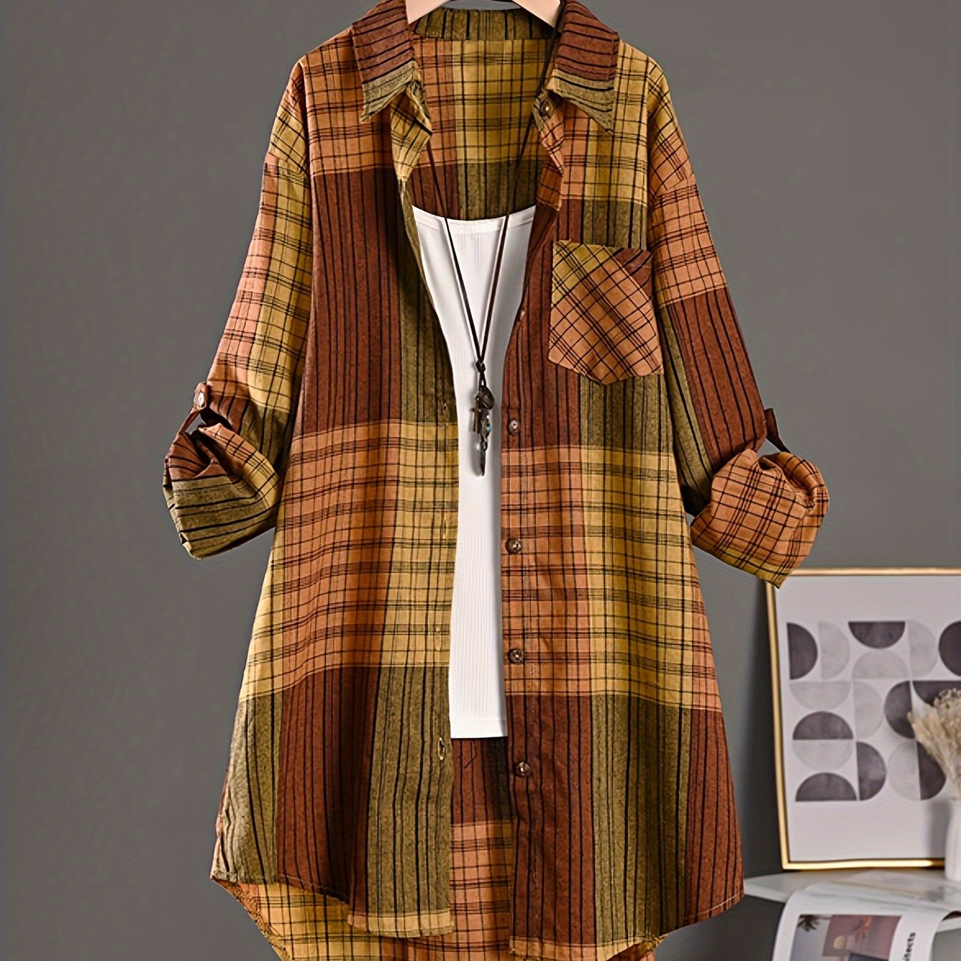 Women's new striped plaid long shirt in casual retro style, offering sun protection in a loose fit.