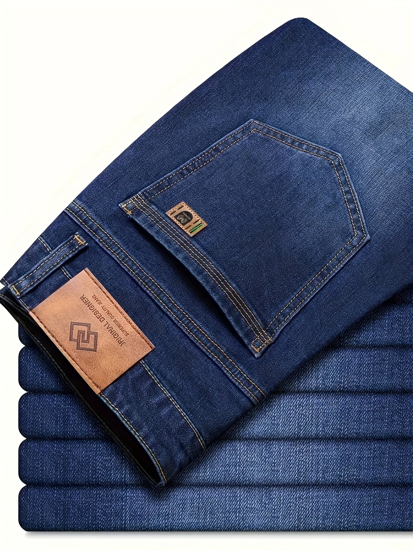 By 2025, the new selection of men's mid-rise cotton stretch straight-fit business jeans features a zipper and button closure.