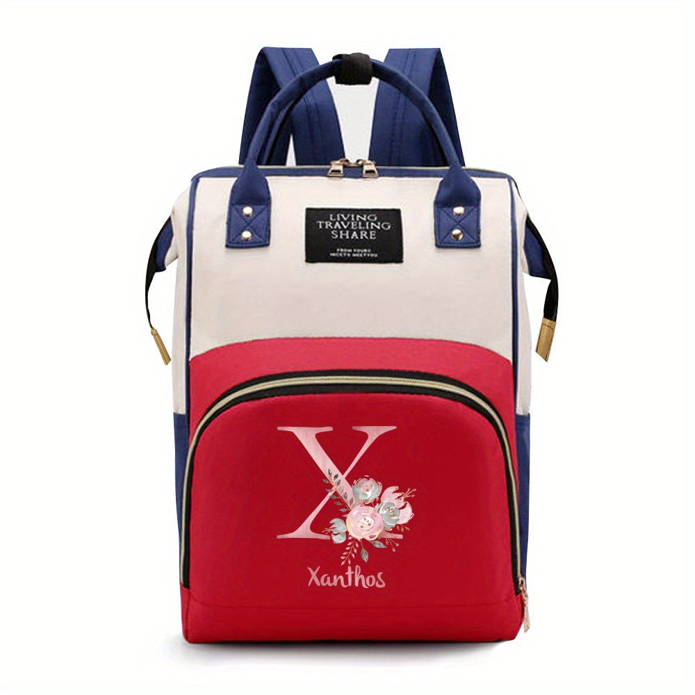 Personalized Mommy Backpack made of durable Oxford cloth with ample storage space for diapers and other essentials. Features customizable initials and name, as well as convenient bottle pockets. Perfect for nursing mothers on-the-go, with options for A-Z