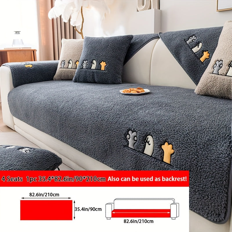 Plush Shearling Sofa Cover with Animal Embroidery - Pet-Friendly, Non-Slip Protector for All Sofa Sizes - Soft Decor for Living Room, Bedroom, Office.