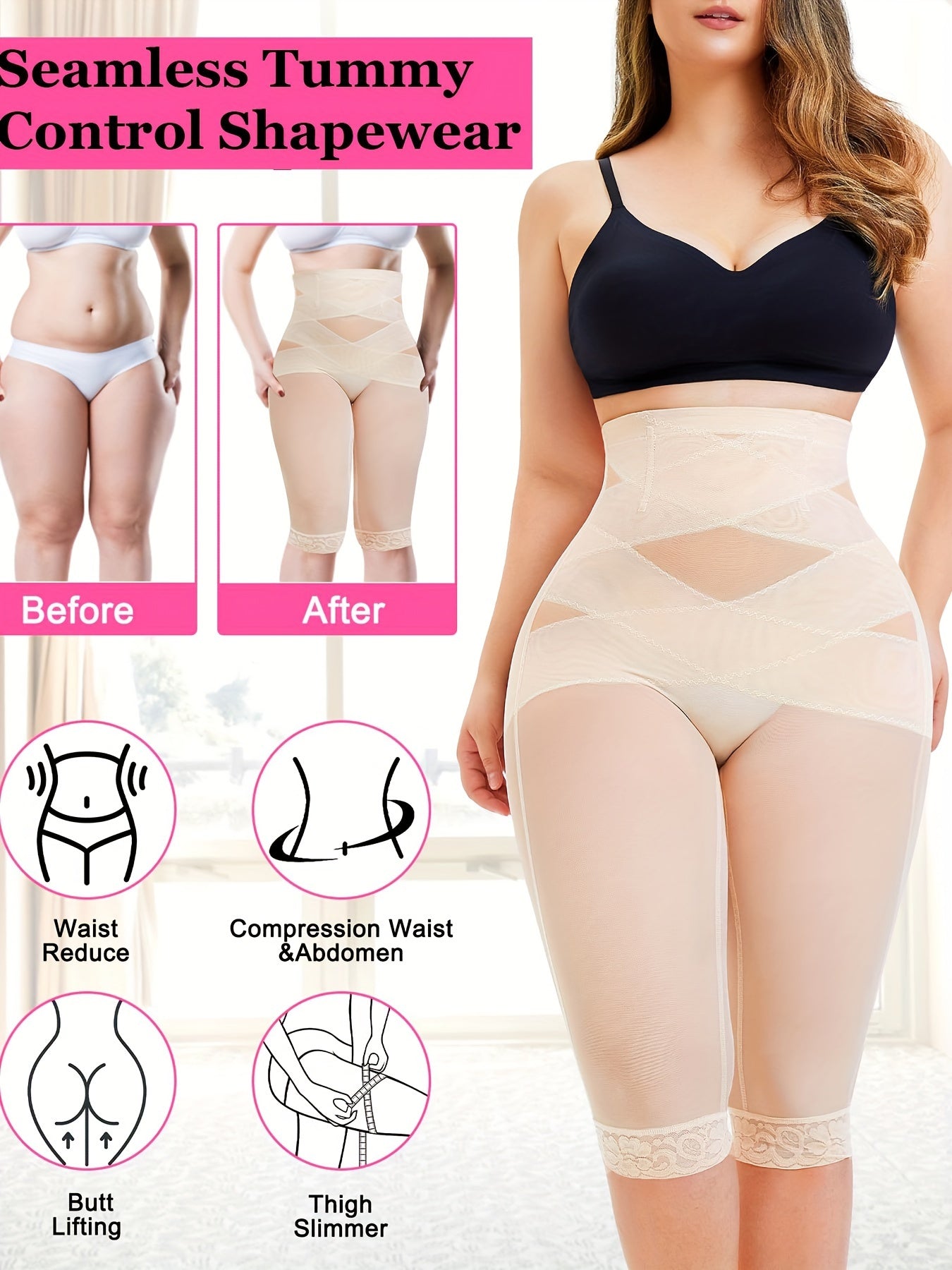 Women's lace trim shaping shorts with tummy control compression for slimming and shaping.