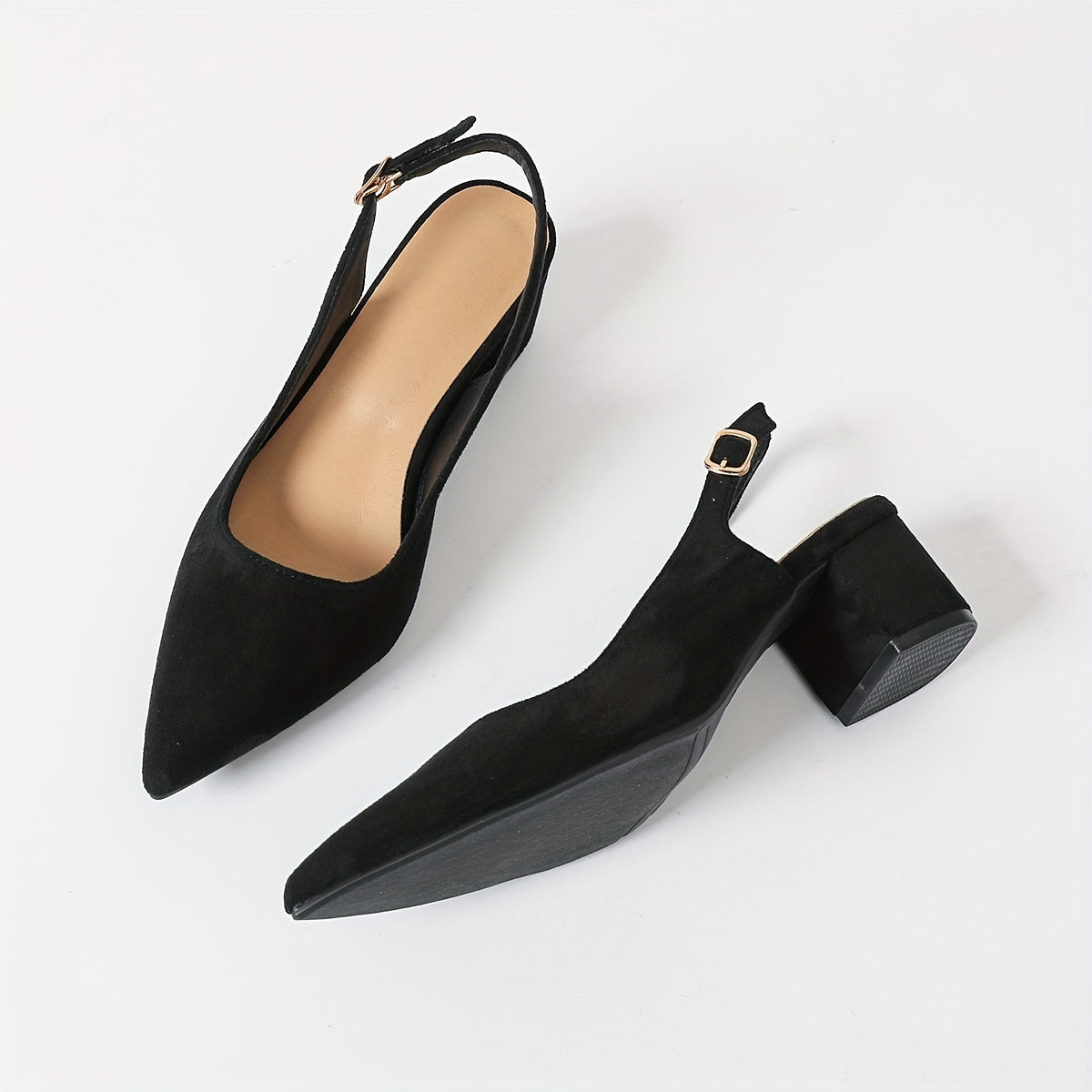 Black velvet chunky heel pumps for women with pointed toe, ankle strap, and mid-height design. Elegant and versatile shoes suitable for all seasons. Synthetic cover.