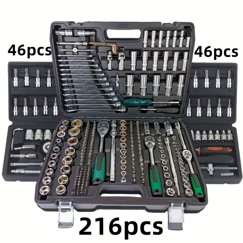 46-piece Chrome Vanadium Steel Mechanic Tool Set, includes heat-treated wrench kit, high torque, portable for car, bike, and motorcycle maintenance.