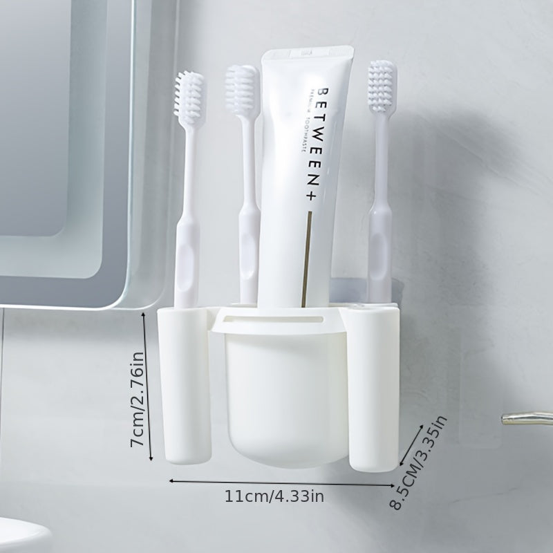 Wall-mounted toothbrush holder for bathroom storage and organization.