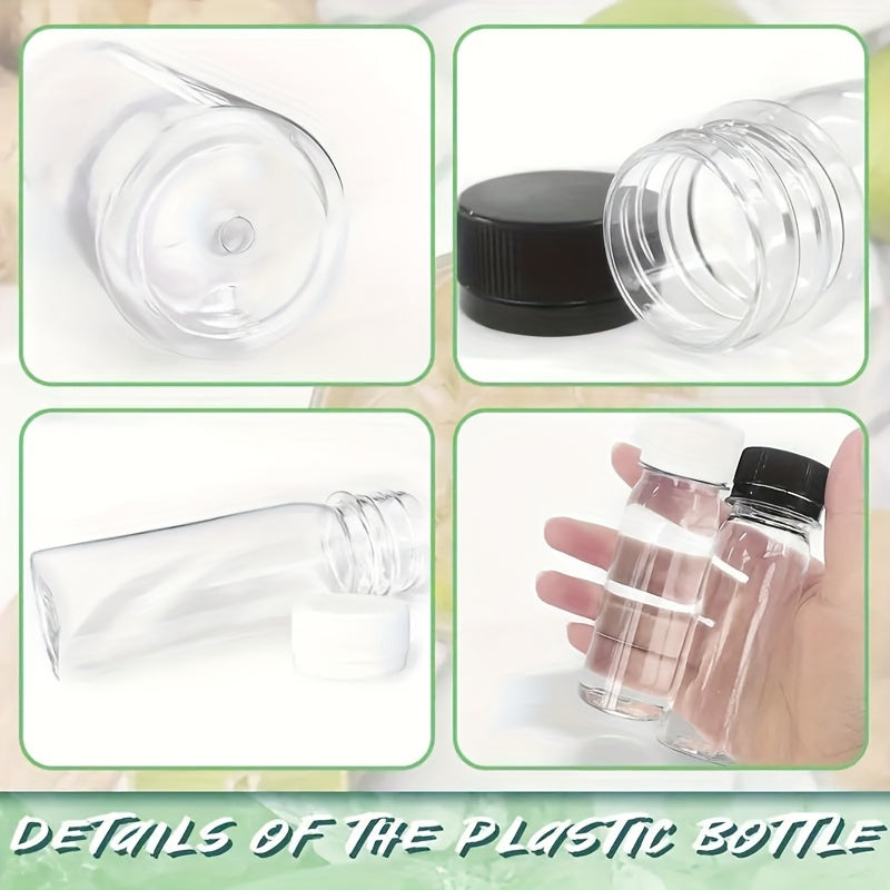 Set of 12 Small Plastic Bottles with White and Black Caps, 2 oz (60ml) - Resealable, Safe Containers for Liquids, Oils, and Vinegars, Comes with Blue Silicone Funnel for Convenient Refilling - Perfect for Events like Catering, Parties, or Wedding Gifts