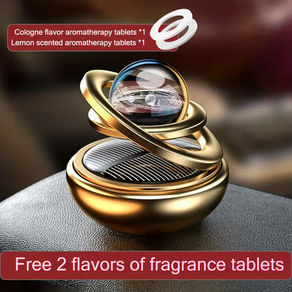 Solar-powered rotating car air freshener with original scented perfume for decoration and aromatreatment in car interiors, suitable for both men and women.