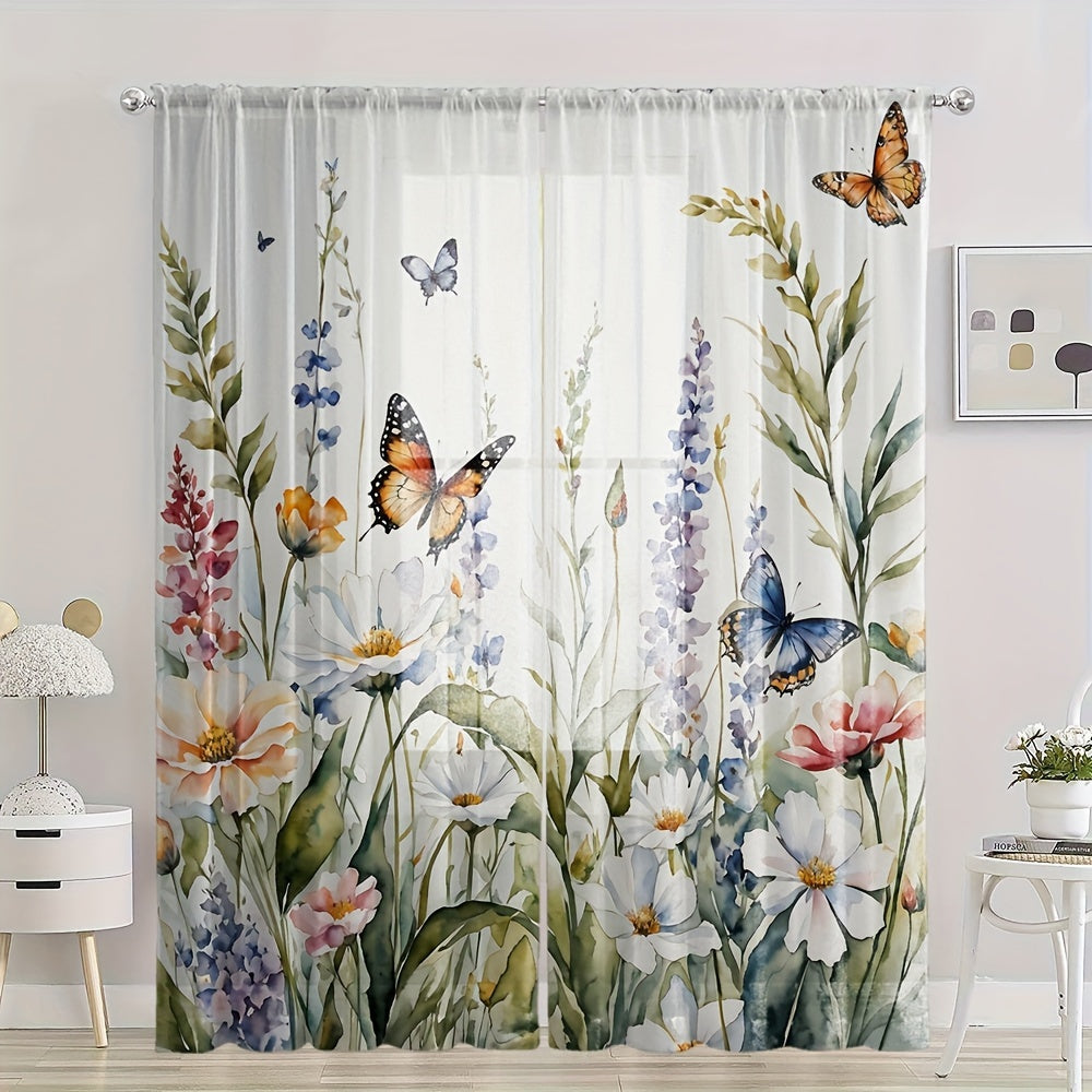 Get two stunning Vibrant Floral & Butterfly Print Sheer Curtains for your living room or bedroom. Made from high-quality polyester, these curtains are easy to hang with a rod pocket design. Their semi-transparent finish adds a touch of elegance to your