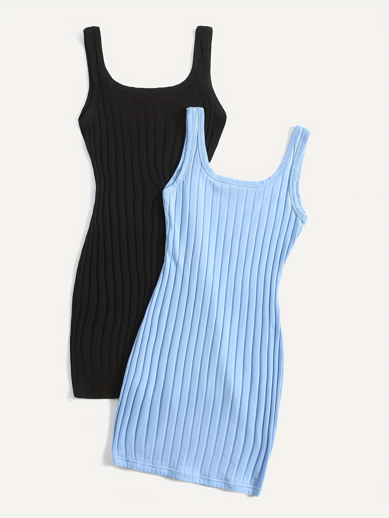 Women's Two-Pack Ribbed Tank Sleep Dresses in Black & Light Blue, Stretchy Polyester Blend, Square Neck, Machine Washable Lounge Nightgowns, Versatile Nightwear Essential.