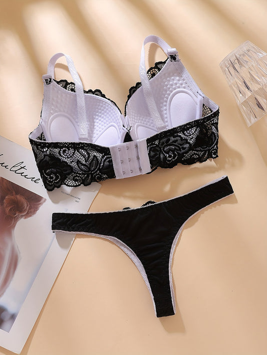 Stylish Lace Contrast Women's Lingerie Set - Push-Up Bra & Thong, Nylon Blend, Not See-Through