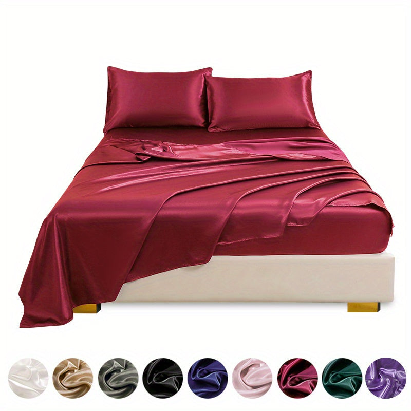 4 pieces of polyester satin solid fitted sheet set includes 1 fitted sheet, 1 flat sheet, and 2 pillowcases, available in Twin, Full, Queen, or King sizes.