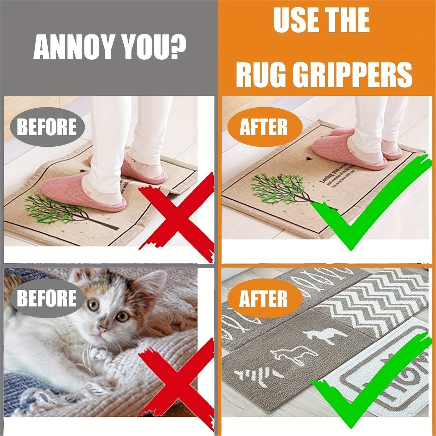 Reusable carpet grippers, 12 pieces in a set. These dual-sided rug pads are non-slip and perfect for hardwood floors. They have strong adhesive for secure placement and easy removal. Ideal for adding a decorative touch to your office or bedroom.