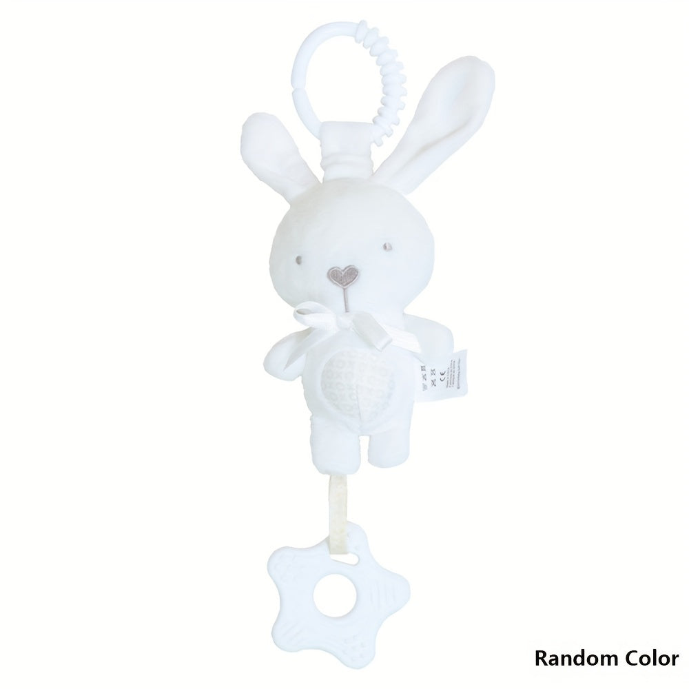 Soft animal sensory toys for newborns and infants, including hanging rattles, car seat toys, crib toys, and stroller toys with crinkle, squeaky, and teether features for boys and girls.