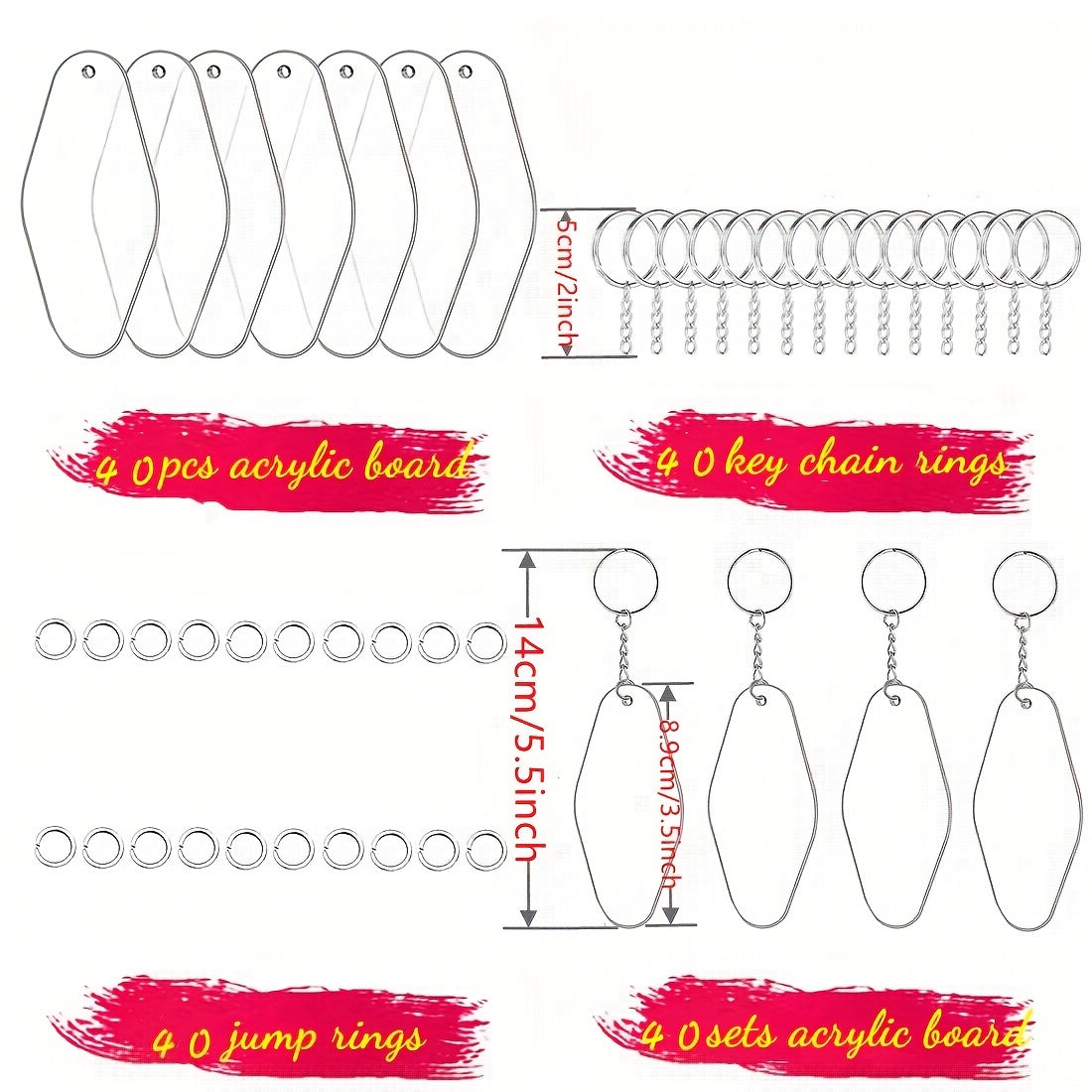 Набор из 120 пустых брелков для мотелей, в комплекте с 40 акриловыми листами, 40 кольцами для брелков и 40 соединительными кольцами для создания DIY брелков. Идеально подходит для изготовления виниловых украшений Cricut.