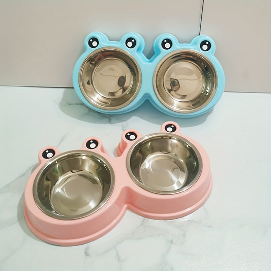 Stainless steel double bowl for small dogs and cats with pet frog design.