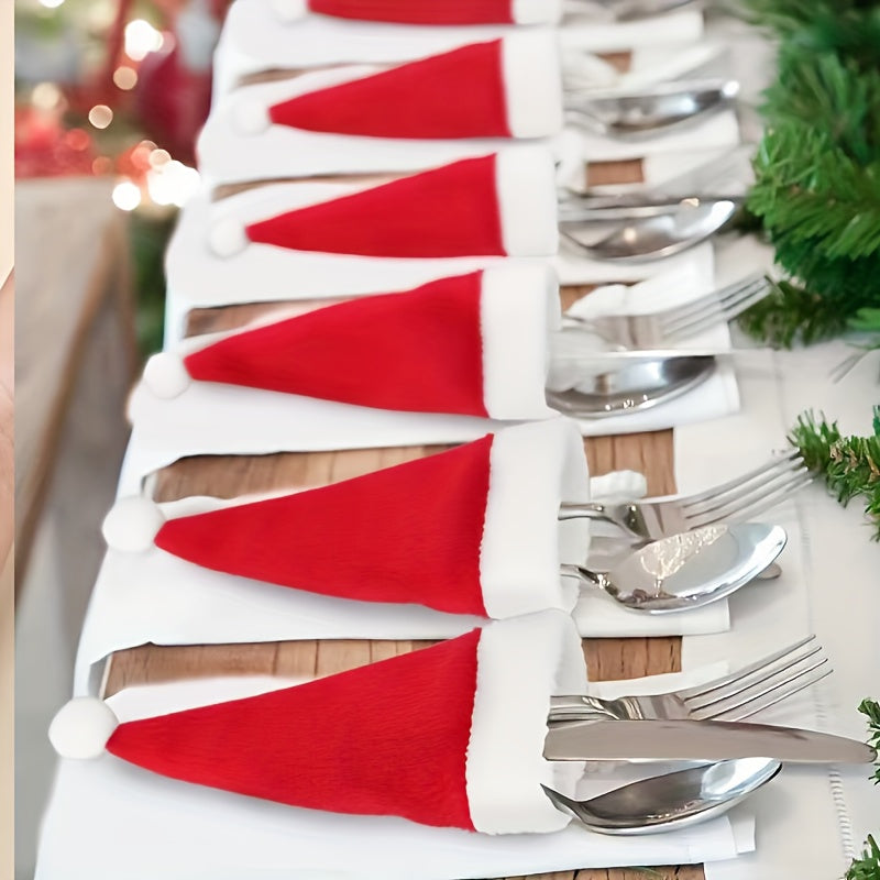 12-Piece Christmas Table Decoration Set includes Chambray Santa Hat Cutlery Holders and Bottle Toppers, Mini Santa Hats for Festive Party Table Décor, Feather-Free, No Electricity Needed Holiday Ornaments.