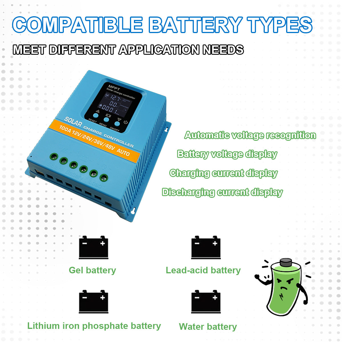 EOEXBY MPPT Solar Charge Controller 100A/80A/60A - for 12V/24V/36V/48V Systems, with Dual USB Ports, LCD Display & Night Recognition - Efficient Energy Management for Home and Solar Farms.