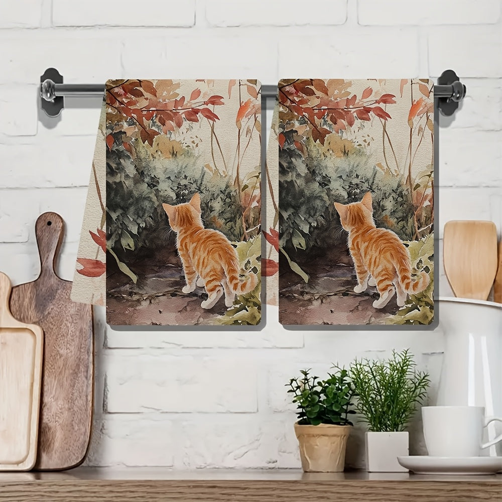 Set of 2 Ultra Soft Kitchen Towels featuring "Curious Kitten in Garden" Design. These towels are highly absorbent, machine washable, and have a contemporary style. Each towel measures 40.64x60.96 cm, perfect for use as dish hand towels.