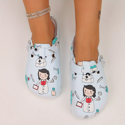 Adorable cartoon nurse slides, quick-drying casual slip-ons for indoor comfort.