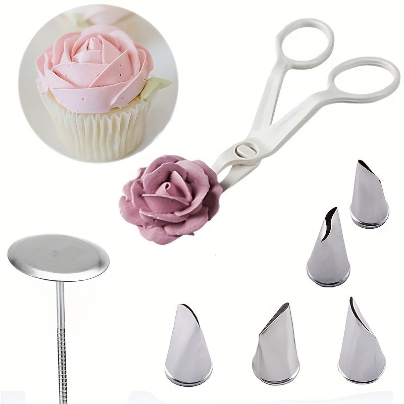 Stainless Steel Cake Decorating Set with 7 Pieces - Features Rose Piping Tips, Scissors, and Nails for Baking and Desserts