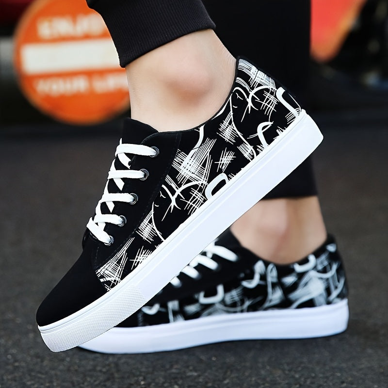 Men's Classic Canvas Skateboard Shoes: Breathable, Non-Slip, Durable Lace-Up Sneakers for Casual Wear, Running. Features Cartoon Pattern, PVC Sole, Fabric Insole. Suitable for All Seasons.