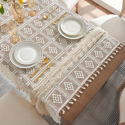 1 American Rustic Beige Crochet Tablecloth with Tassel Cover Towel - Dustproof for home parties and table settings.