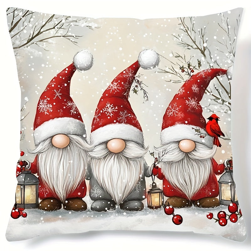 Festive Christmas Gnome Pillowcase: Soft polyester, 44.96cm x 44.96cm, features snowy landscape & red berries. Perfect for living room or bedroom decor. Gnome themed.