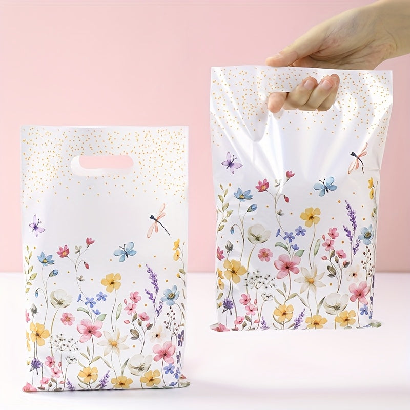 10/25/50pcs of Wildflowers Theme Plastic Gift Bags with Leaf and Flower Design - Punch Hole Handle, ideal for Mother's Day, Weddings, Birthdays.