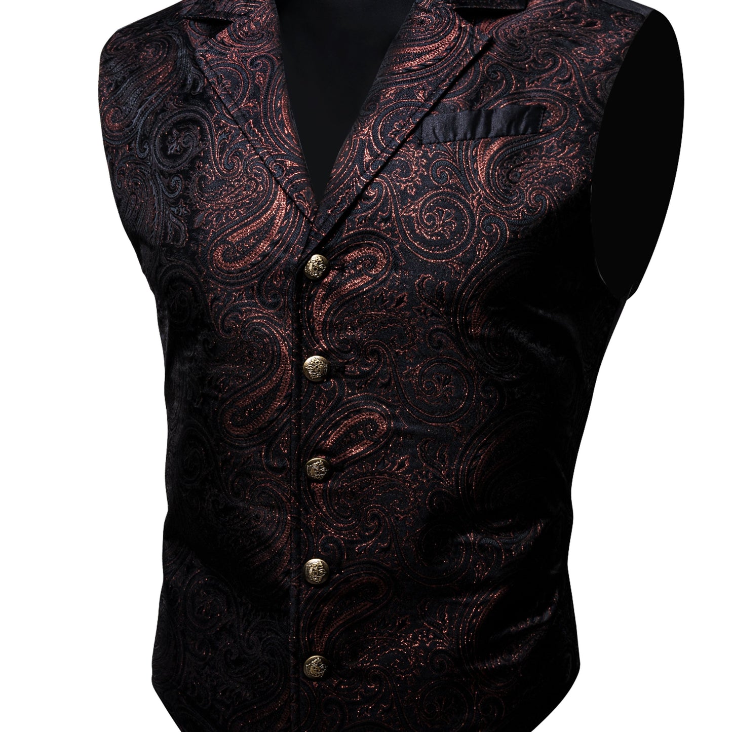 Large green satin jacaquard floral suit vest with tailored collar and copper buttons, suitable for Victorian steampunk and gothic themed events.