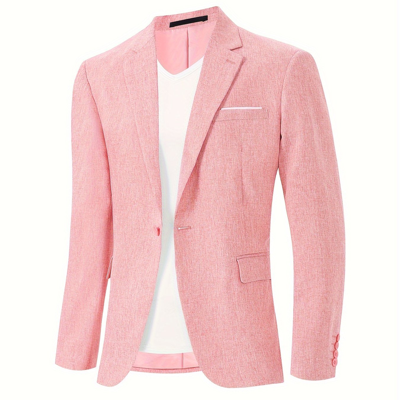 Men's casual business blazer with lapel collar, suit sleeve, and pocket details in solid color polyester. Regular fit with single button closure, suitable for all seasons and weekend casual