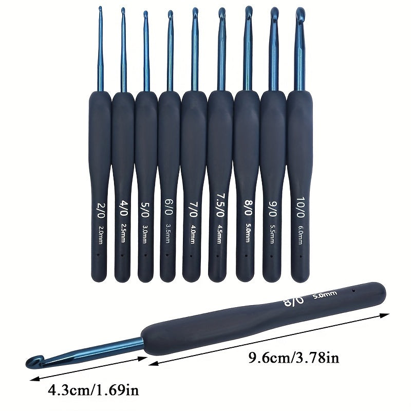 Blue crochet tool set includes 9pcs with soft handle, perfect for beginners. Random color. Great gift.