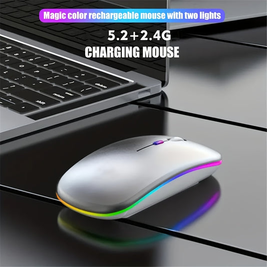 Rechargeable wireless gaming mouse with LED backlight, dual-mode 2.4G/5.2, slim design for laptops and desktops.