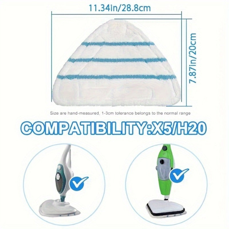 Two high-quality thickened microfiber steam mop pads, designed with a reusable triangle mop head made of cloth material. Compatible with H20 Series stick vacuum cleaners for easy floor attachment.