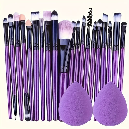 20-piece makeup brush set with hypoallergenic nylon bristles, ABS handle, and palm brushes suitable for all skin types. Ideal for professional and beginner use for foundation, blush