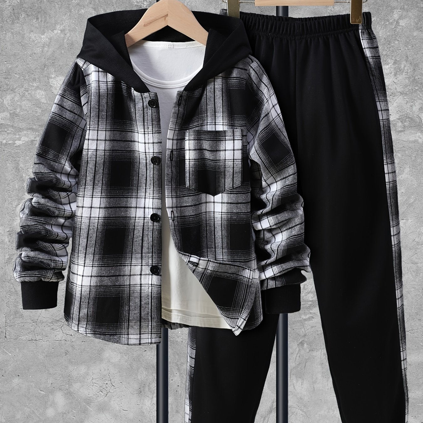 Kids' Medium Boys' Autumn New Fashion Plaid Hooded Shirt and Black Plaid Pants Set for Outdoor Wear.