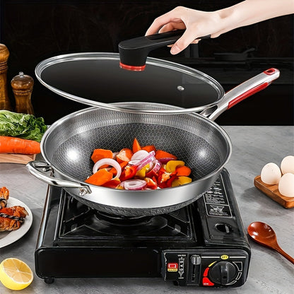 Stainless Steel Frying Pan with Lid and Handle - Perfect for Induction Cooker, Gas Stove, and Camping - Non-Stick Pan for Cooking Fish, Eggs, and Steak - Available in 32cm, 34cm, and 36cm Sizes