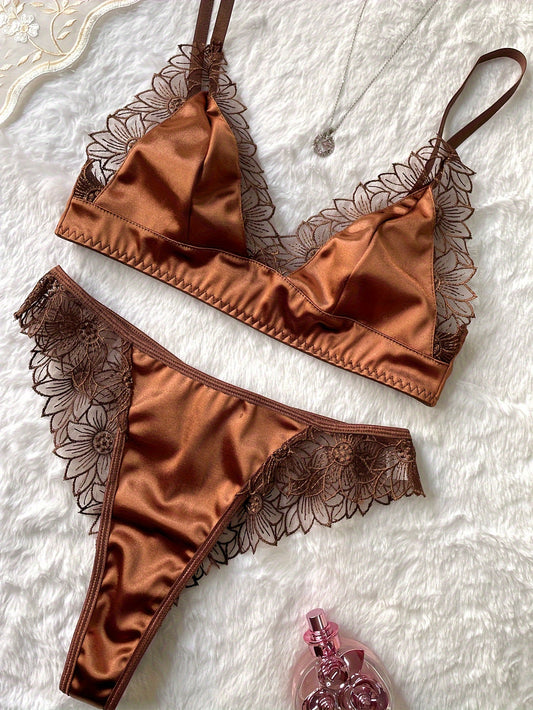 Luxurious Coffee-colored Embroidered Lingerie Set