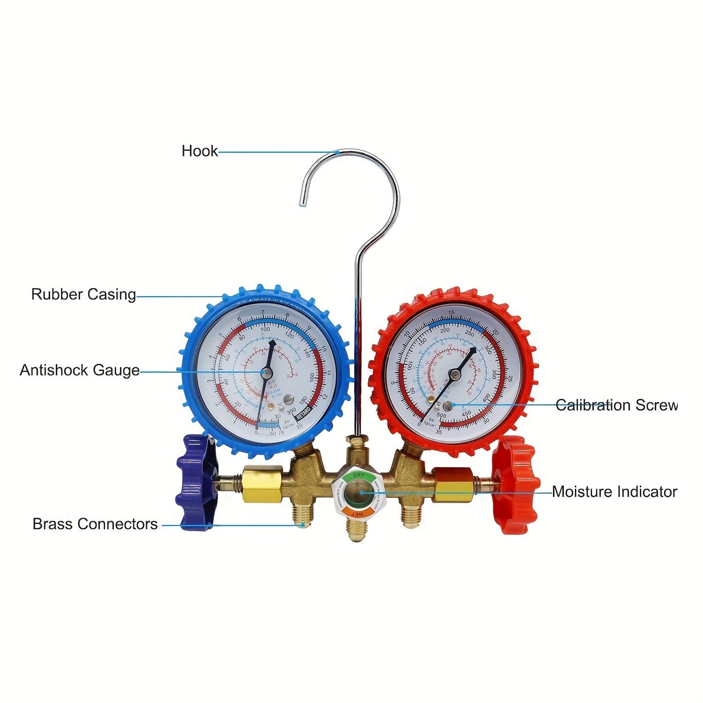 HVAC va Avtomobil 3-Yoʻnalishli AC Manifold Gauge Set - Tez Ulanishlar va Klapan Yadro Toʻplami bilan Sovutgichni Toʻldirish Vositasi - R404A, R134A, R12, R22 sovutgichlari bilan ishlaydi