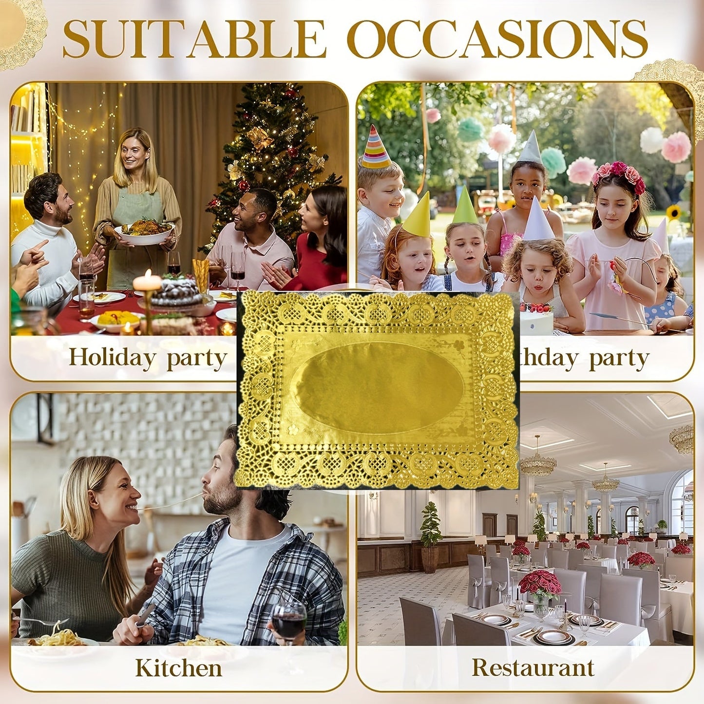 Pack of 100 Rectangle Golden Paper Doilies Placemats, Lace Paper Doilies Pad, Disposable Paper Doilies Placemats - Perfect for Desserts, Fried Foods, Cakes, Crafts, Wedding Parties, and Cake Packaging on Table Decorations