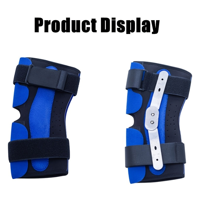 Adjustable hinged knee brace made of neoprene for support during sports and exercise, hand washable.