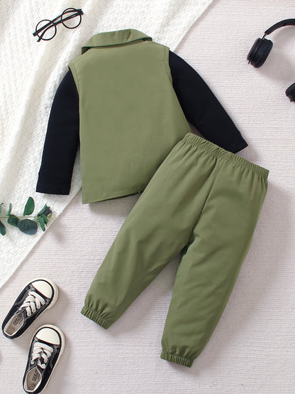 3-piece boys' street style outfit set includes olive green vest with flap pockets, LA print long sleeve tee, and jogger pants. Made of 100% polyester, machine washable for spring/fall.