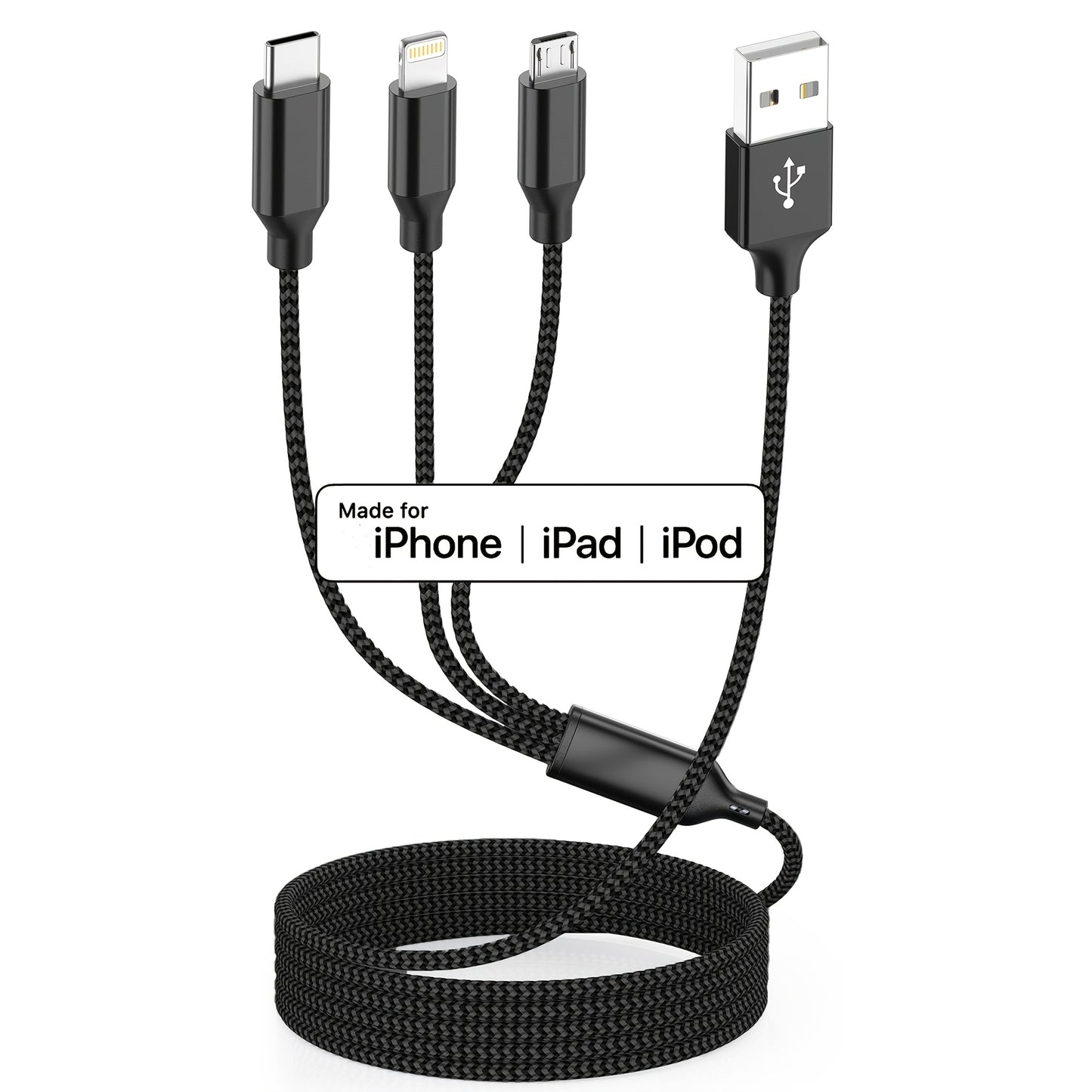 Fast charging USB cable compatible with iPhone, Samsung, Type-C, Micro USB devices and various Android smartphones.