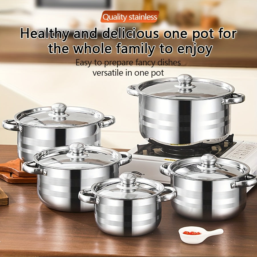 This set includes 10 stainless steel pots with sizes ranging from 16.99cm to 25.5cm. Each pot comes with a lid and is designed for use with both induction cookers and gas stoves. The pots feature double handles and deep lids, making them ideal for