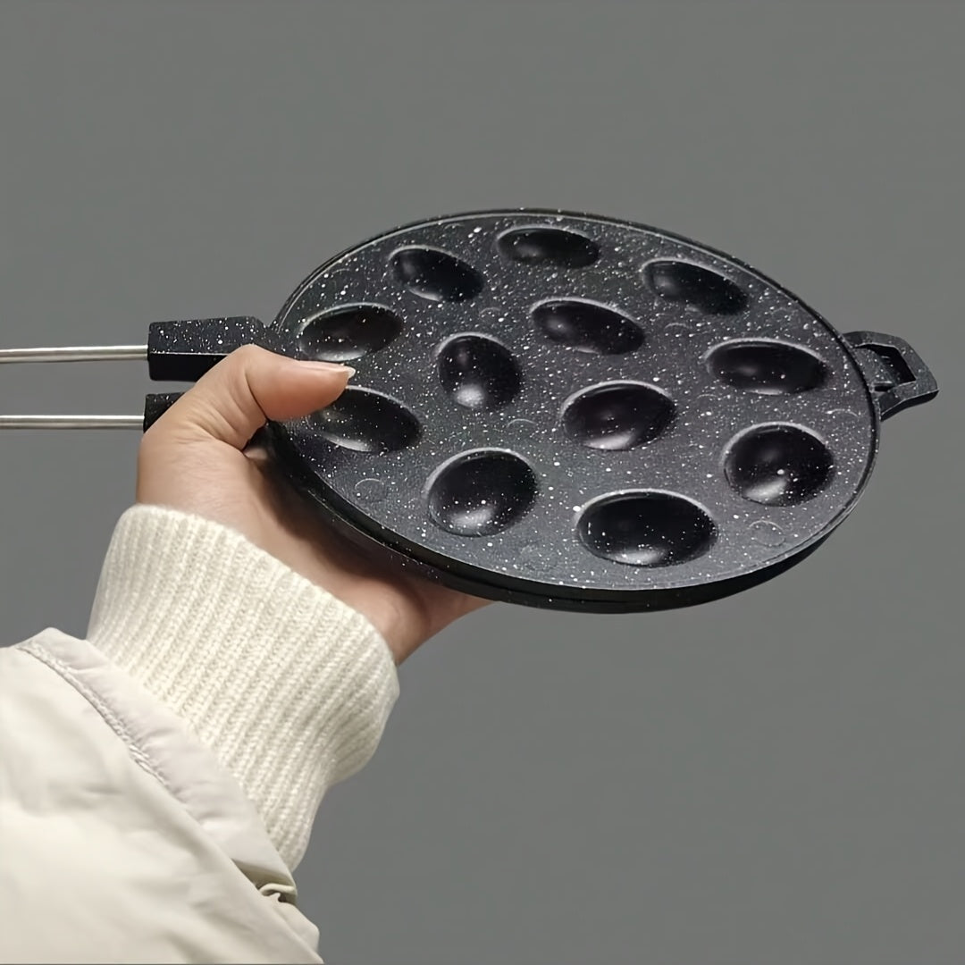 Household oval waffle baking pan with walnut cracker and cookie making features suitable for gas nuts baking.