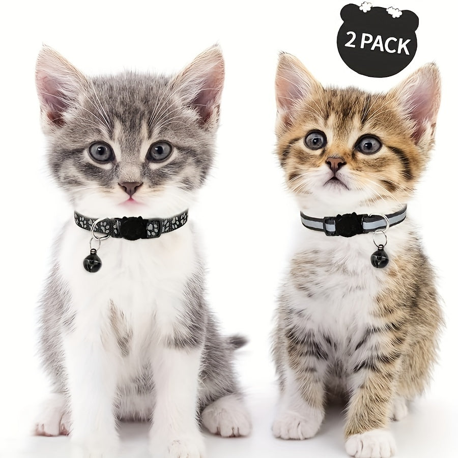 Reflective cat collars with footprints, bells, and breakaway design for kittens - 2 pieces, geometric pattern, polyester.